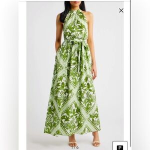 Julia Jordan Tropical Halter green Palm tree Maxi Dress size 2 NWT*